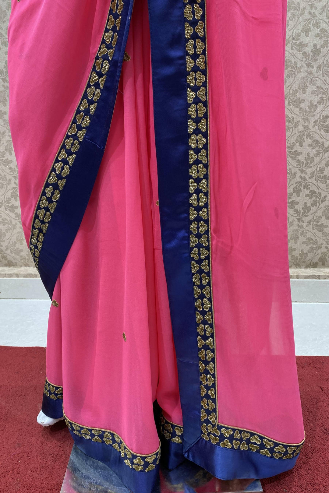 Pink with Navy Blue Stone work Georgette Saree with Readymade Blouse - 3