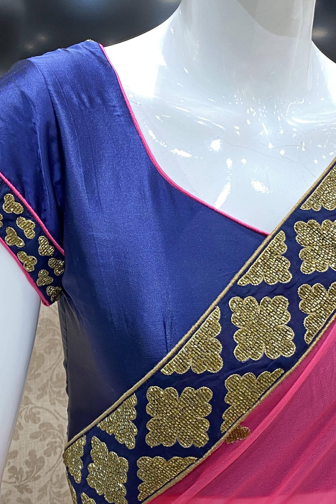 Pink with Navy Blue Stone work Georgette Saree with Readymade Blouse - 5