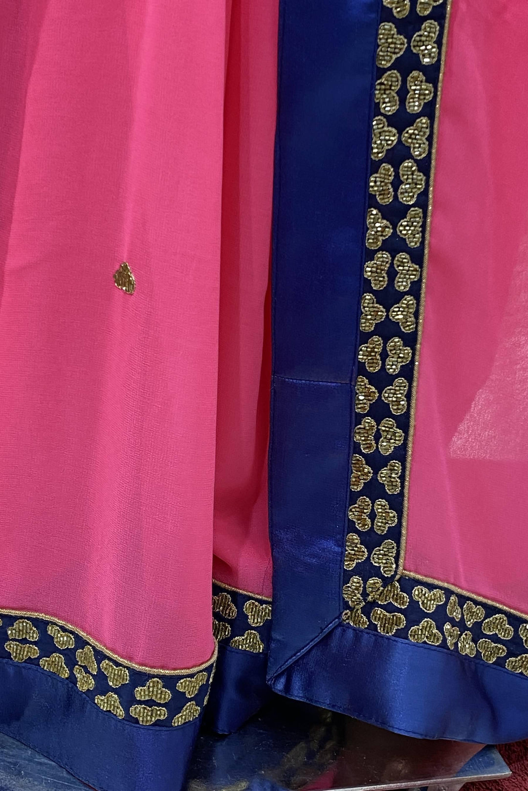 Pink with Navy Blue Stone work Georgette Saree with Readymade Blouse - 6