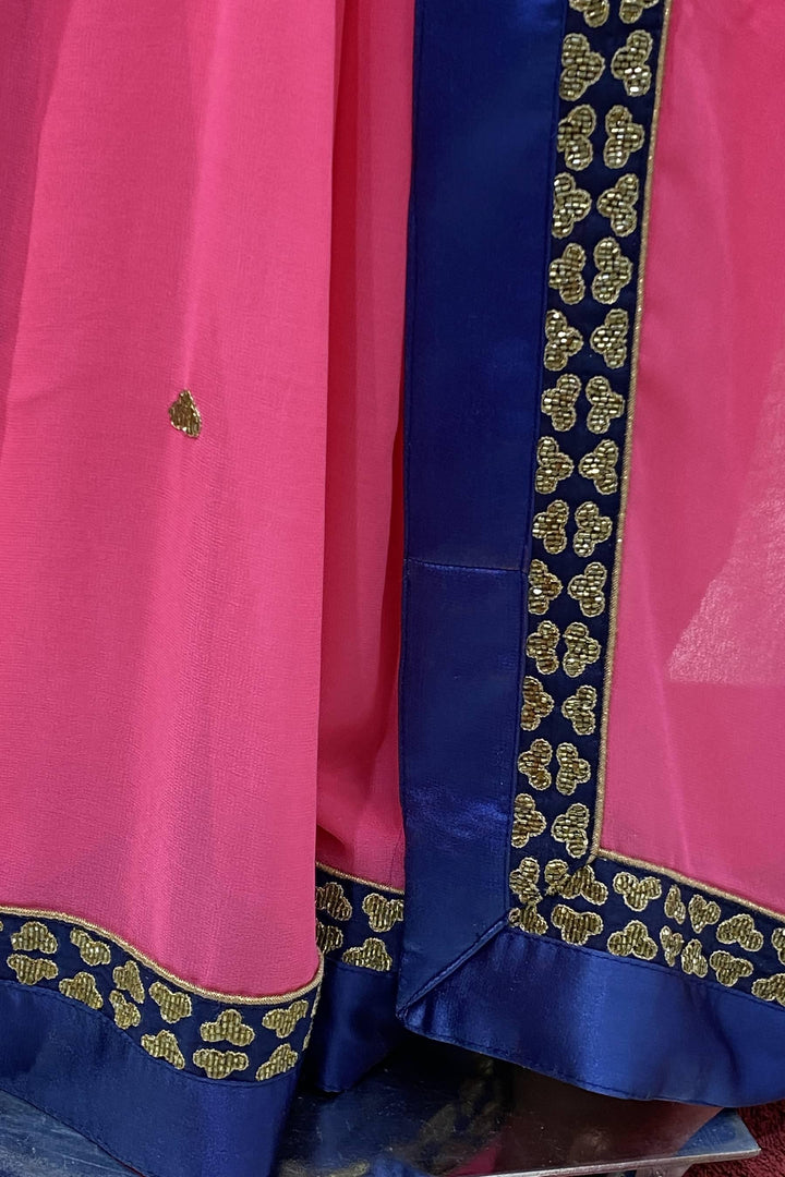 Pink with Navy Blue Stone work Georgette Saree with Readymade Blouse - 6