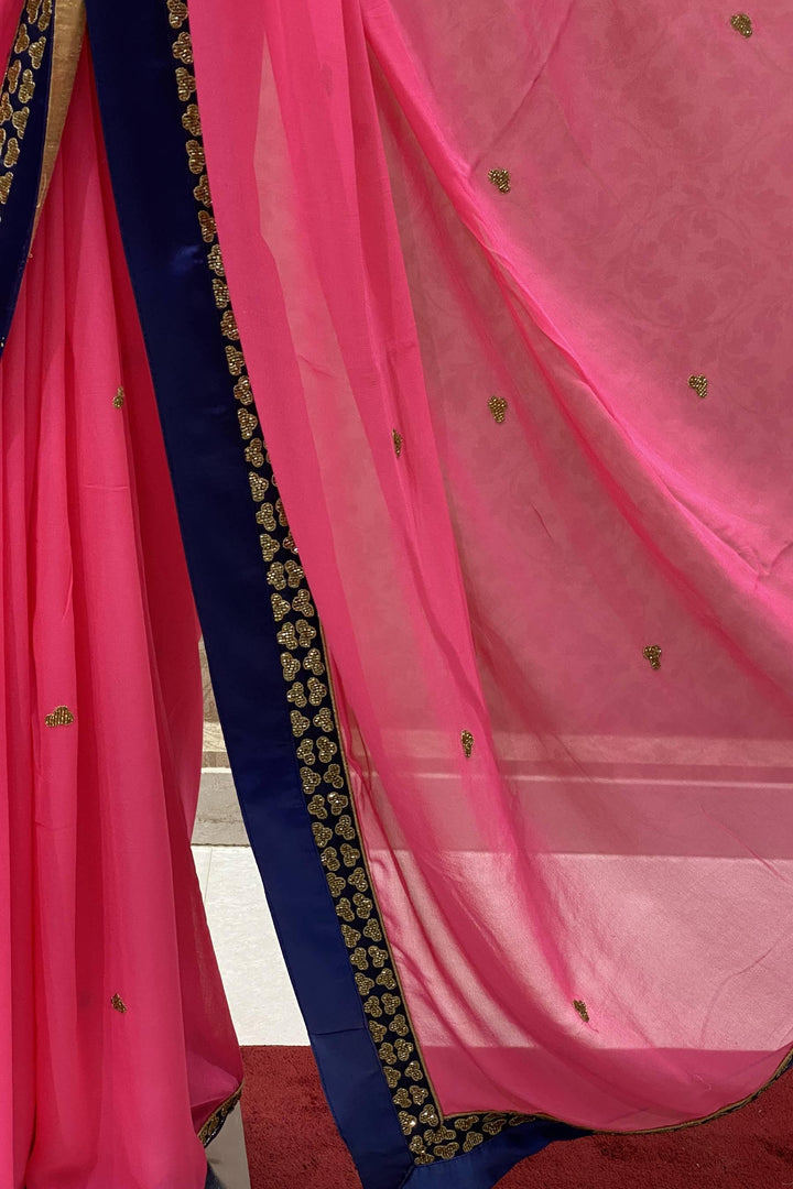 Pink with Navy Blue Stone work Georgette Saree with Readymade Blouse - 7