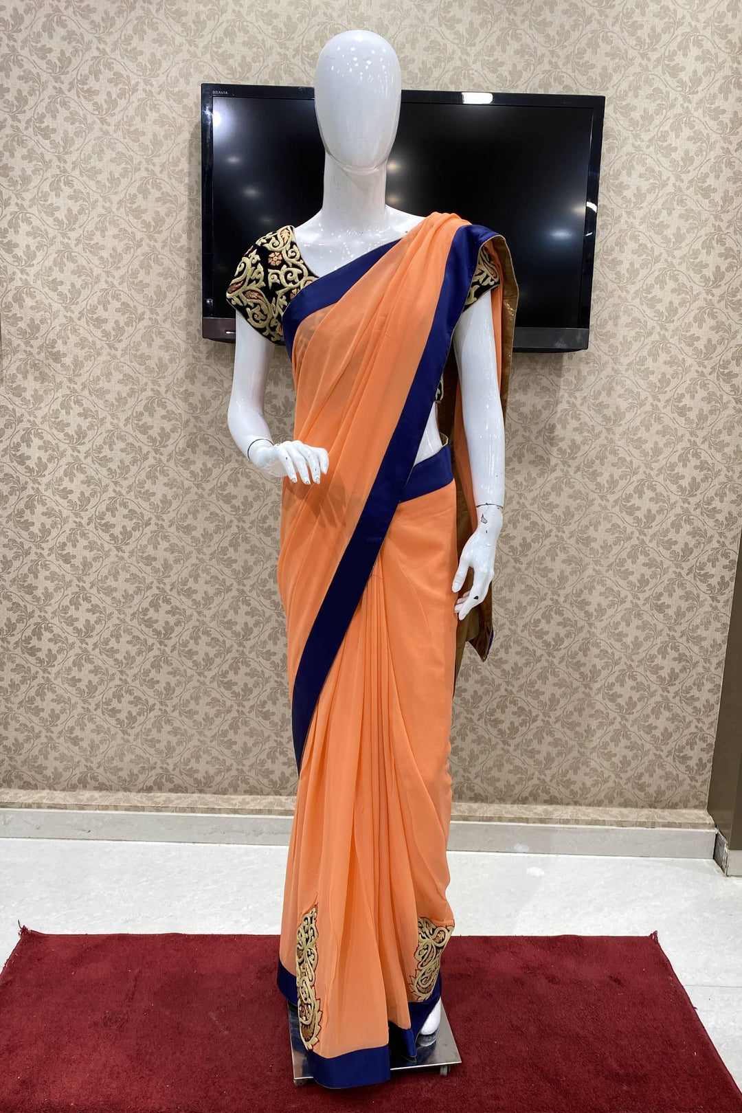 Orange Georgette Saree with Readymade Lucknowi Chikan work Blouse - 1