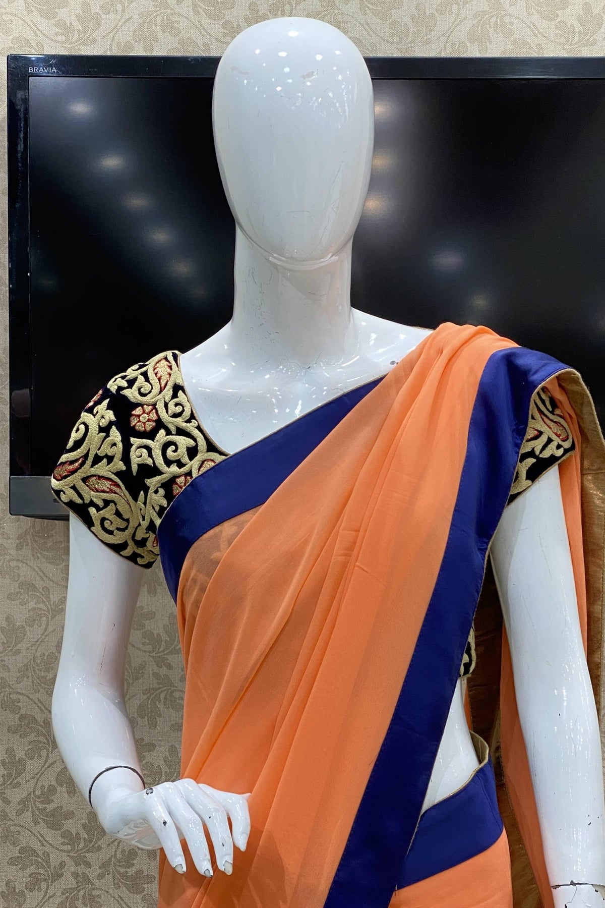 Orange Blue Printed Saree - Saree Blouse Patterns