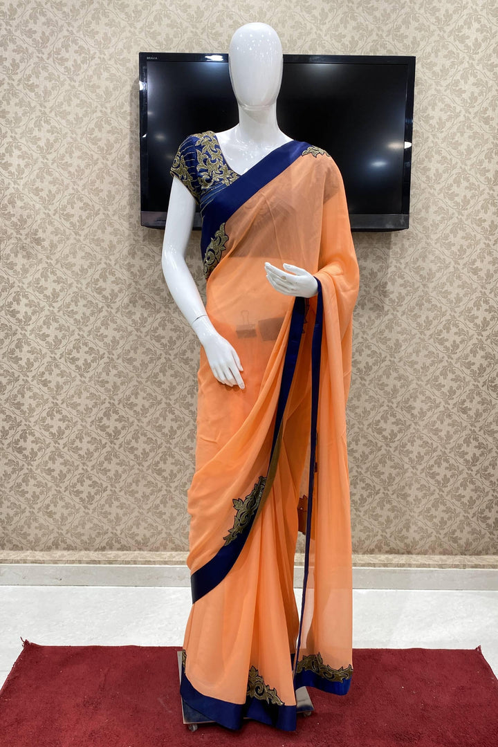 Orange Georgette Saree with Gold Sequins work Readymade Blouse - 1