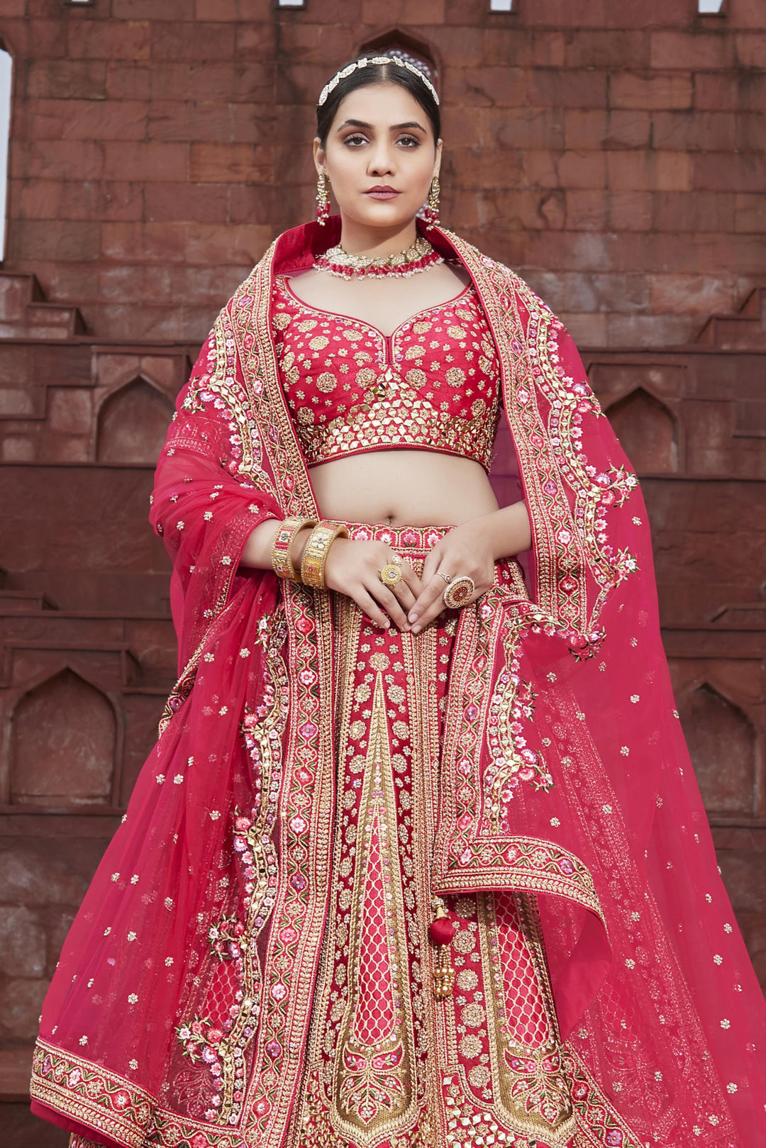 Red Multicolor Thread, Zari, Stone and Mirror work Semi Stitched Bridal Lehenga with Belt - Seasons Chennai