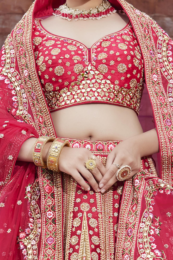 Red Multicolor Thread, Zari, Stone and Mirror work Semi Stitched Bridal Lehenga with Belt - Seasons Chennai
