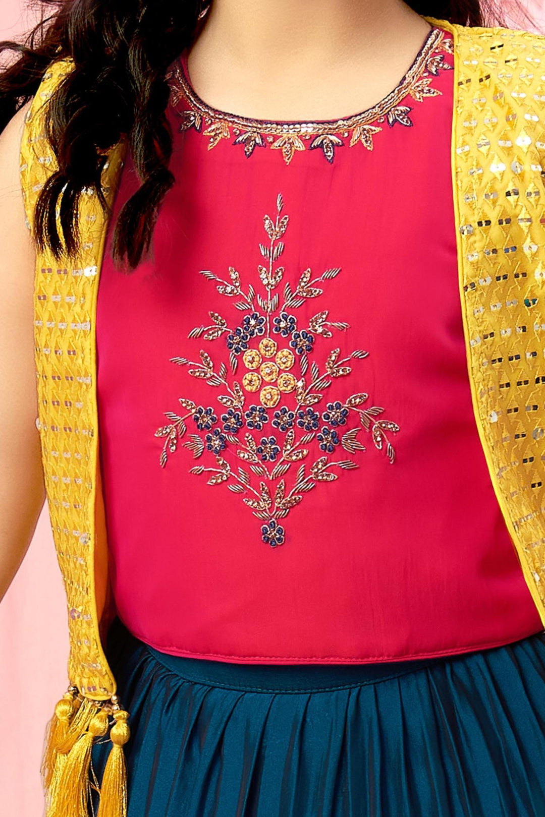 Peacock Blue and Rani Pink with Yellow Overcoat Style Lehenga Choli for Girls - 3