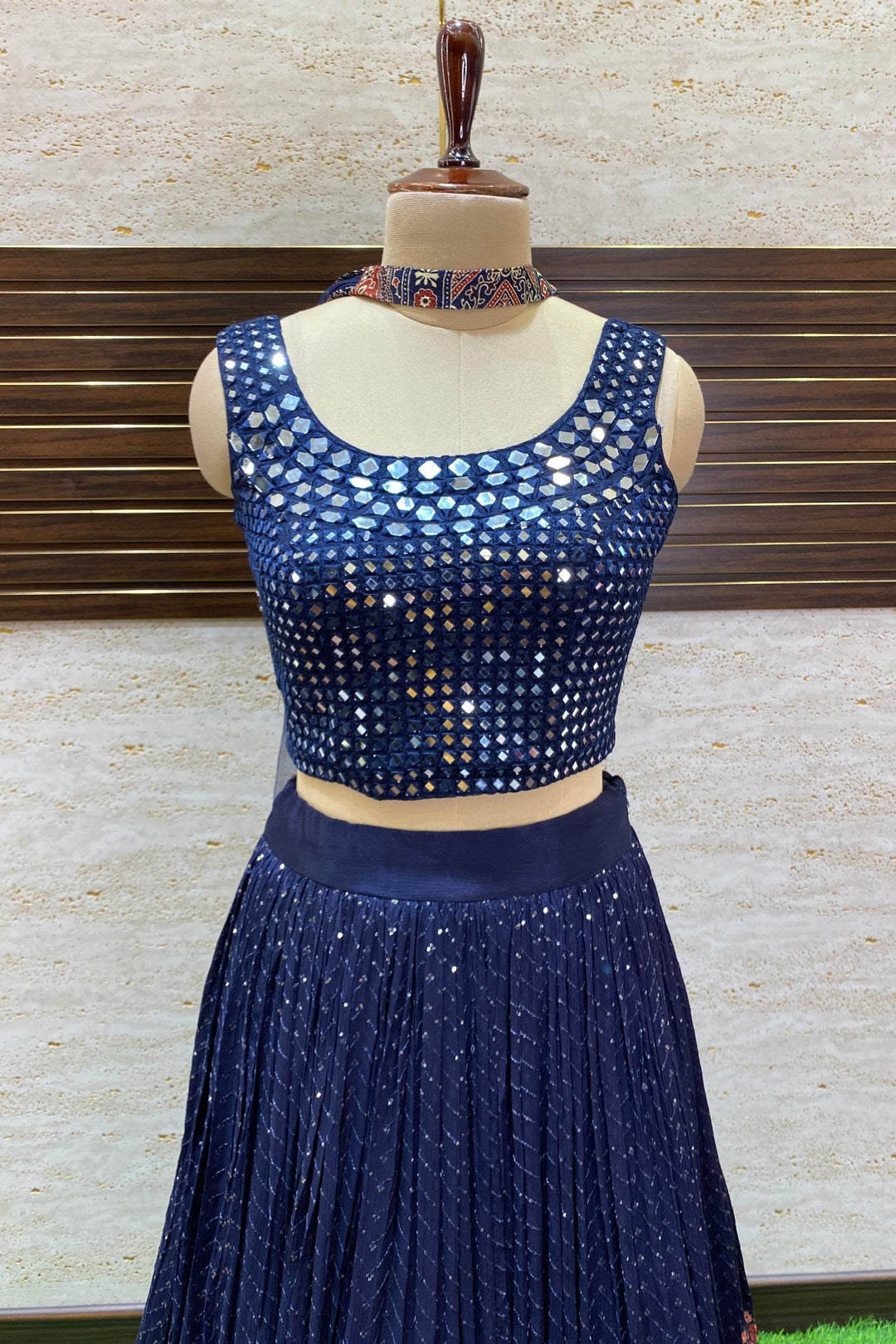Navy Blue Raw Silk Mirror and Sequins work Crop Top Lehenga - Seasons Chennai
