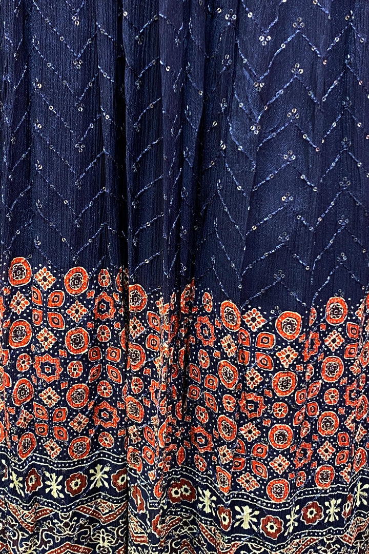 Navy Blue Raw Silk Mirror and Sequins work Crop Top Lehenga - Seasons Chennai