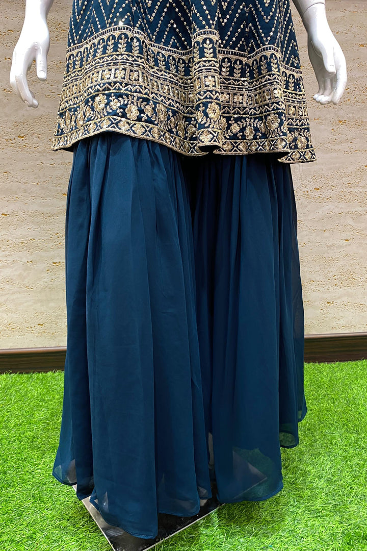 Peacock Blue Sequins and Golden Zari Work Sharara Suit Set - Seasons Chennai