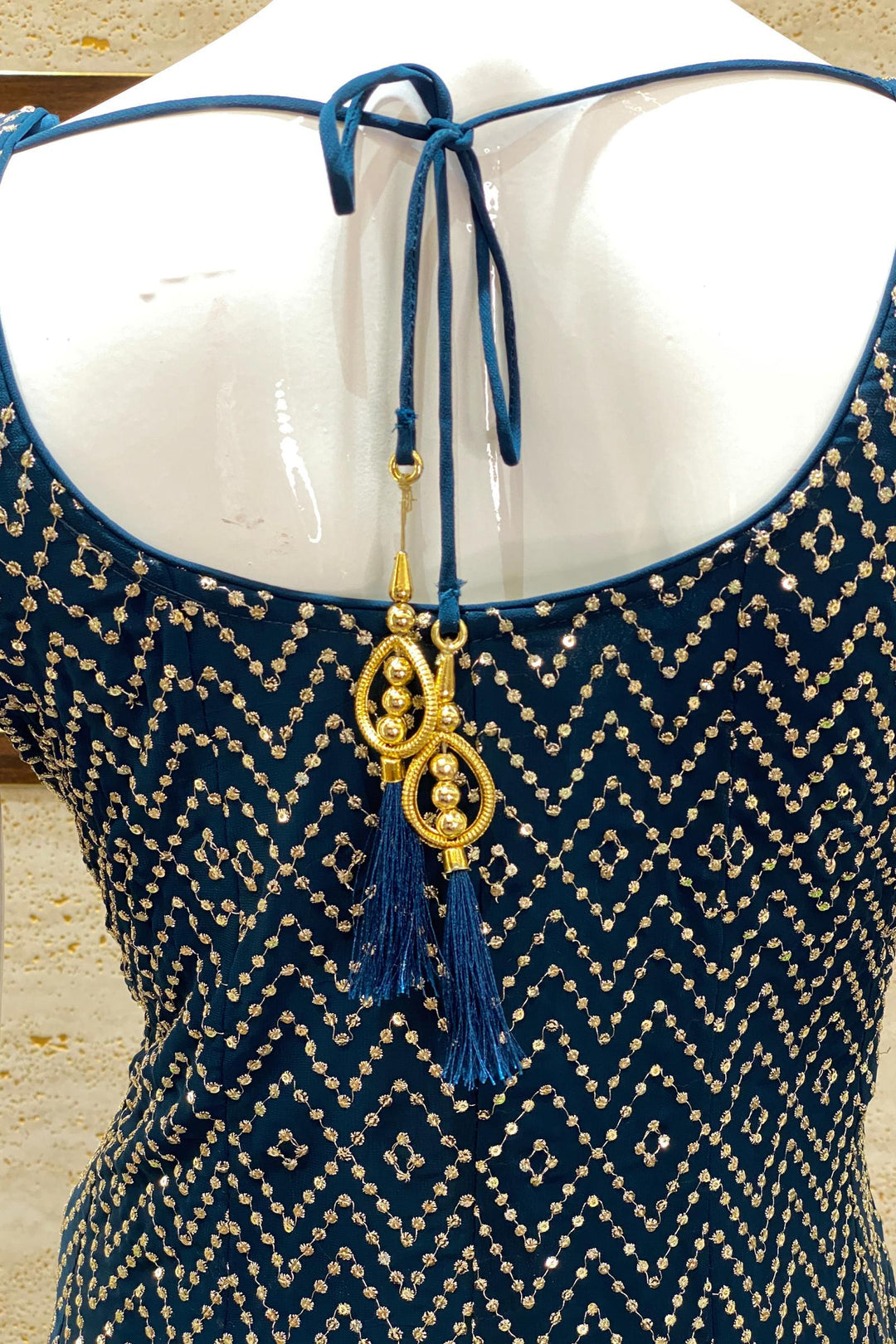 Peacock Blue Sequins and Golden Zari Work Sharara Suit Set - Seasons Chennai