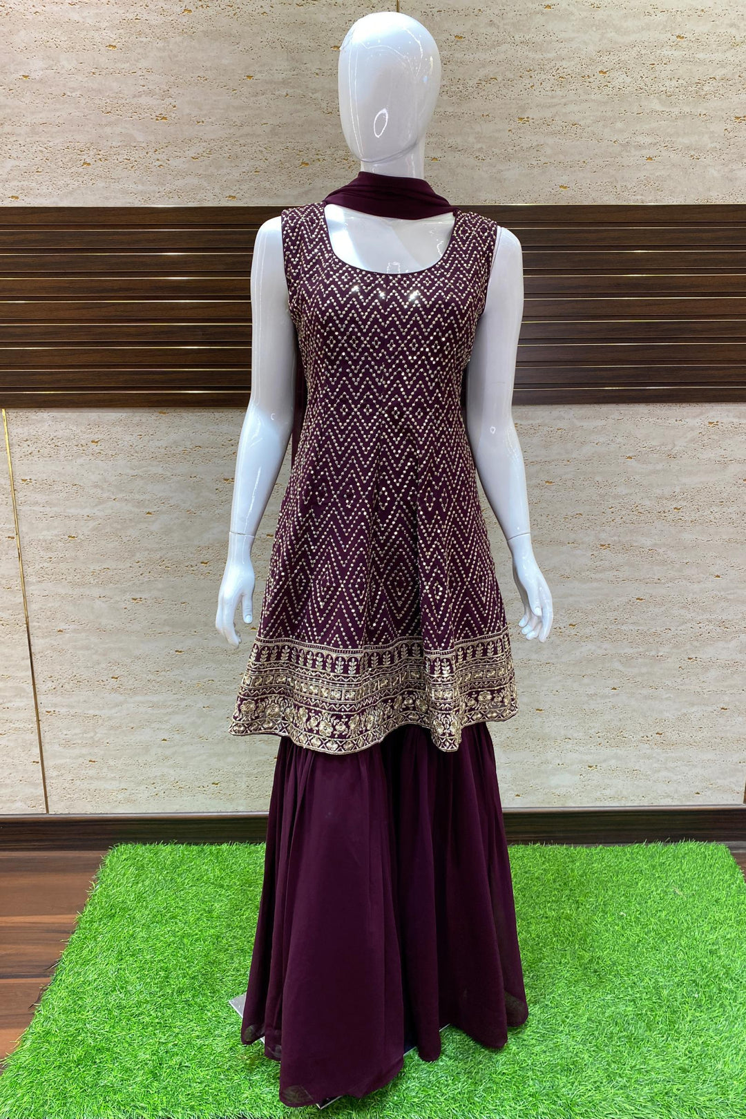 Wine Sequins and Golden Zari Work Sharara Suit Set - Seasons Chennai