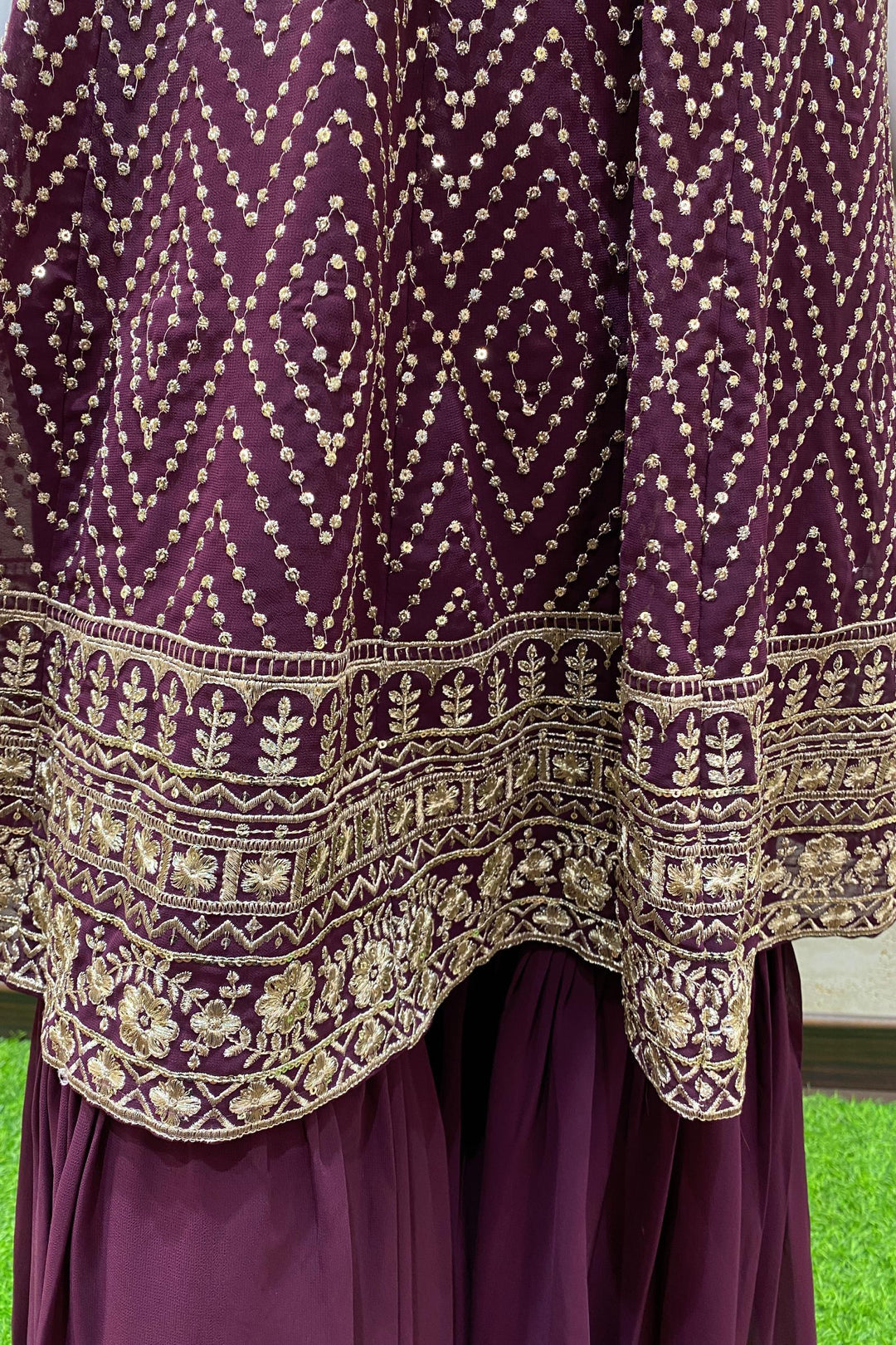 Wine Sequins and Golden Zari Work Sharara Suit Set - Seasons Chennai