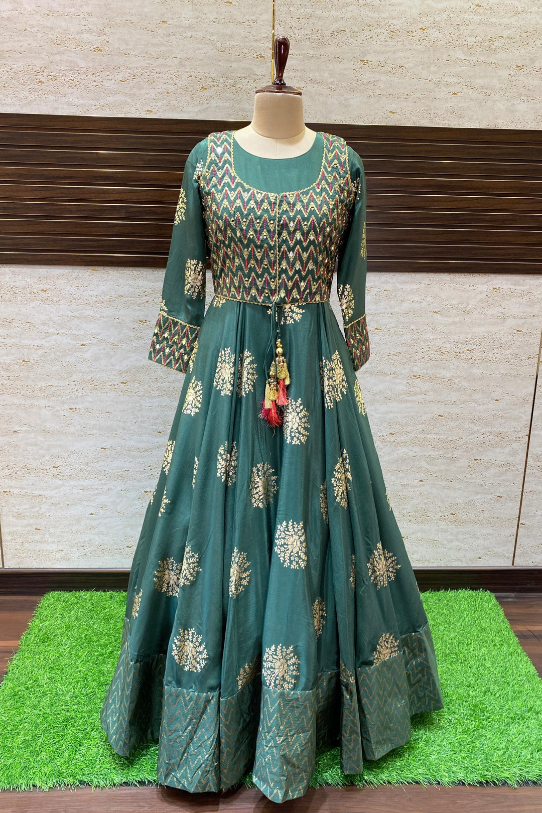 Green Golden Print, Mirror and Thread work Overcoat Style Anarkali Suit - Seasons Chennai