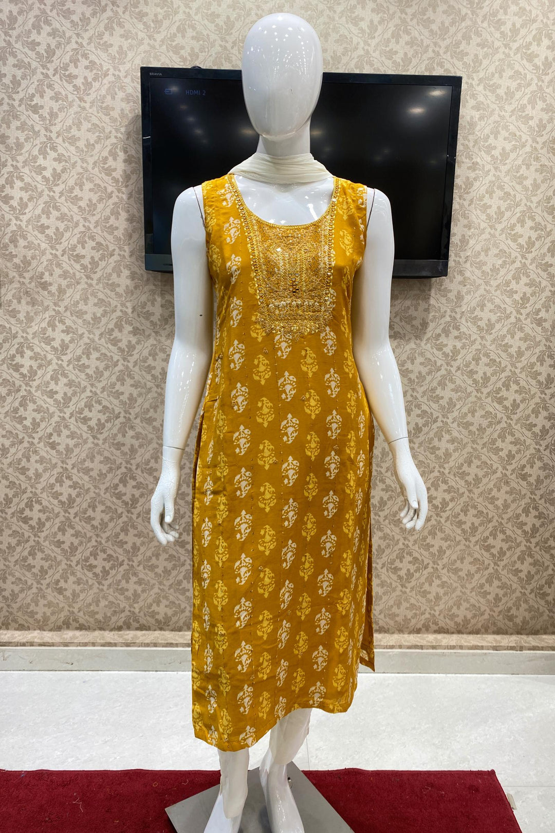 Yellow and Cream Mirror, Thread and Stone work with Printed Straight Cut Salwar Suit - Seasons Chennai