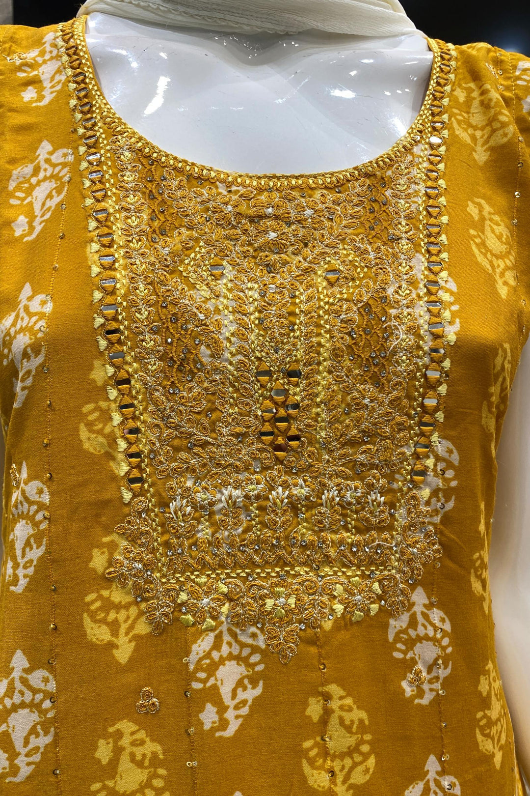 Yellow and Cream Mirror, Thread and Stone work with Printed Straight Cut Salwar Suit - Seasons Chennai