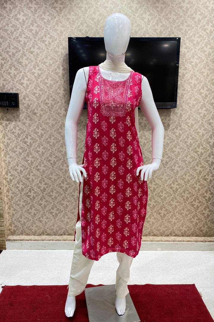 Pink and Cream Mirror, Thread and Stone work with Printed Straight Cut Salwar Suit - Seasons Chennai