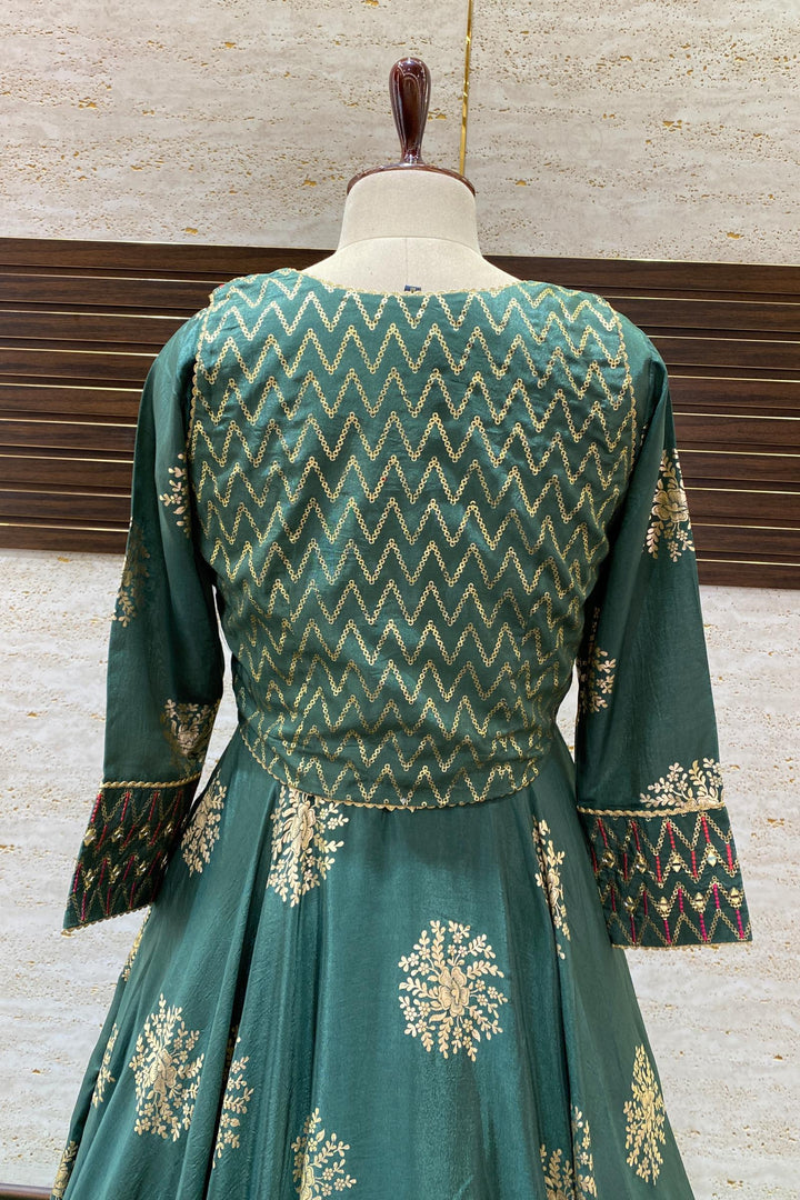 Green Golden Print, Mirror and Thread work Overcoat Style Anarkali Suit - Seasons Chennai