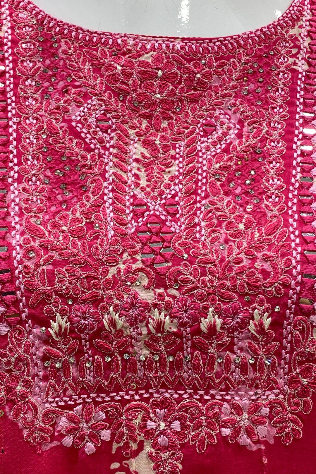 Pink and Cream Mirror, Thread and Stone work with Printed Straight Cut Salwar Suit - Seasons Chennai