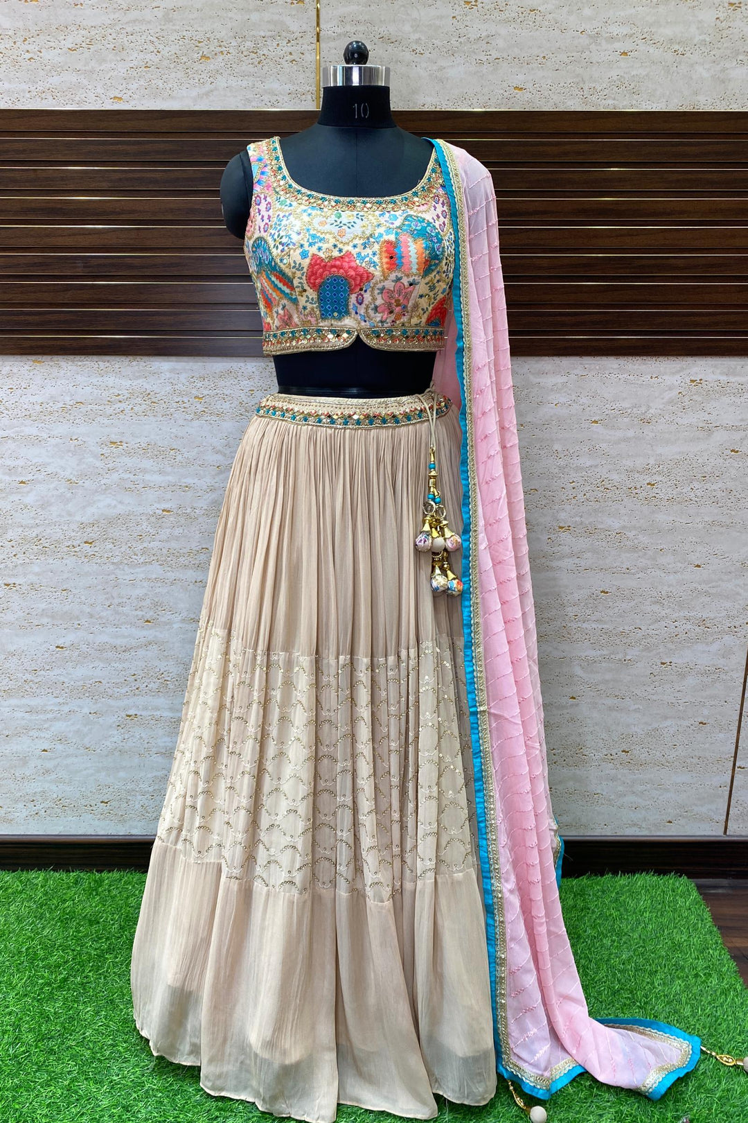 Beige Multicolor Print, Zari, Mirror, Sequins and Zardozi work Crop Top Lehenga - Seasons Chennai