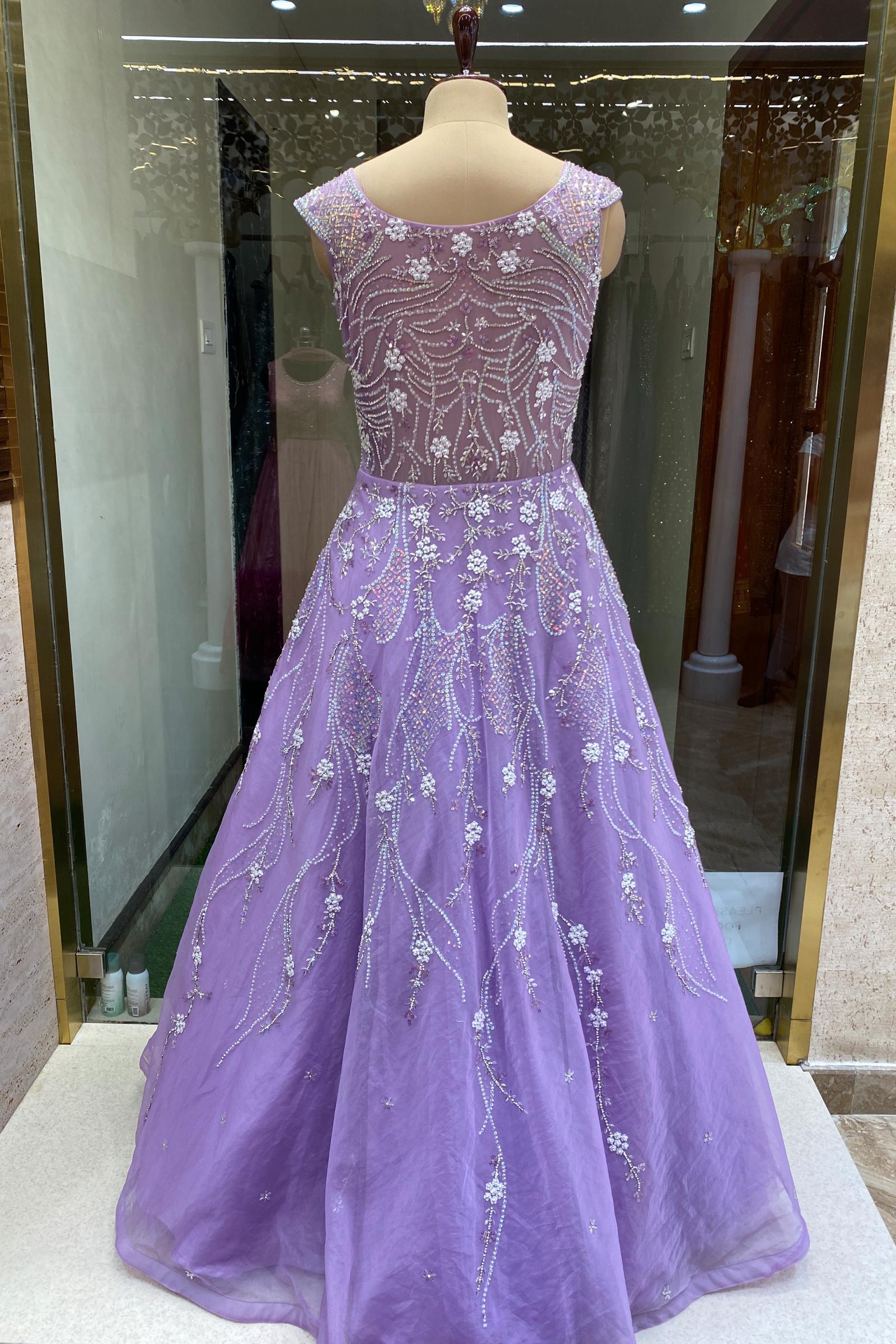 Lilac Lace Appliques Prom Dresses Spaghetti Strap A Line Crystal Long Sweep  Train Evening Party Gowns