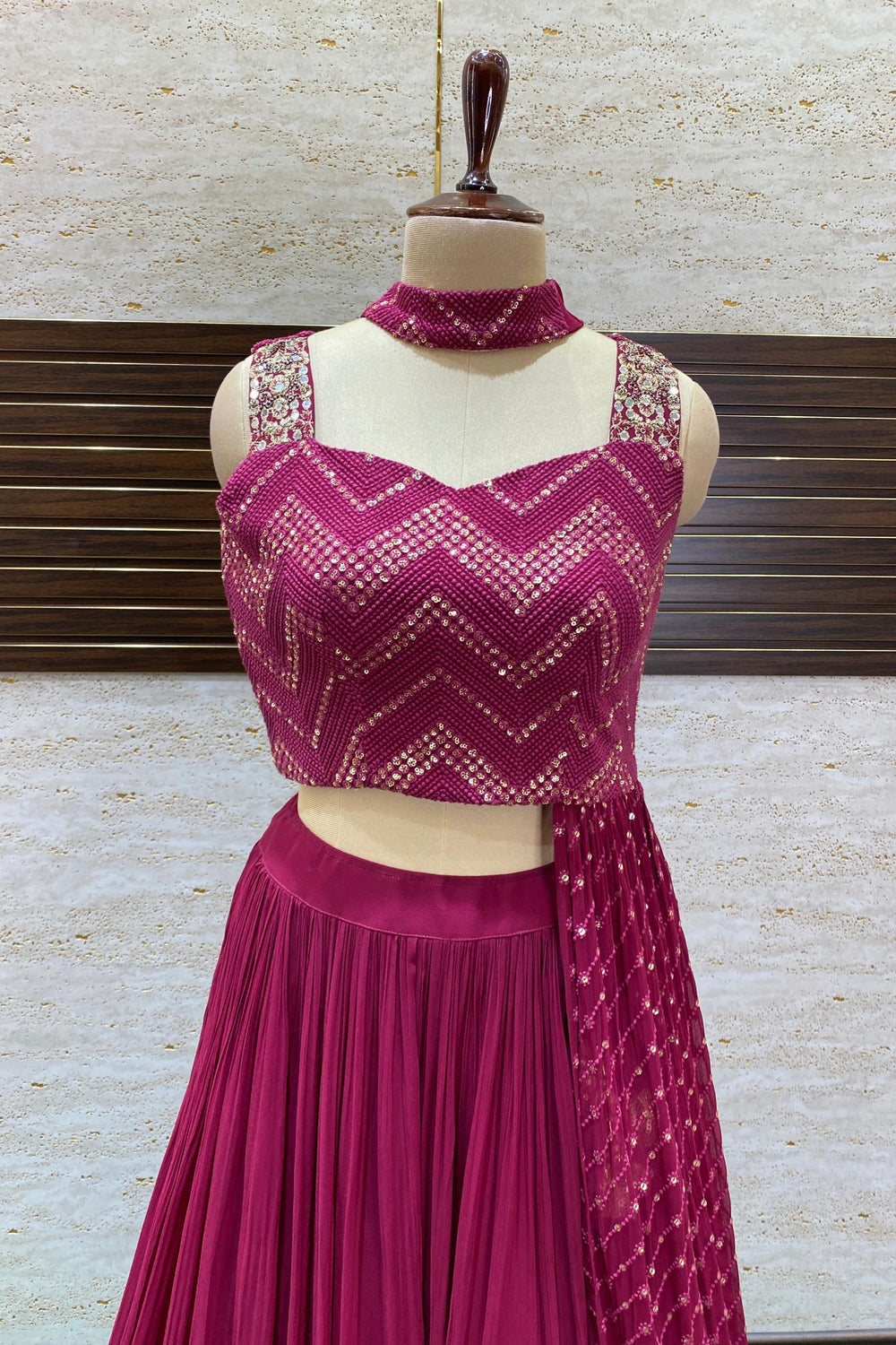 Maroon Thread, Mirror and Beads work Asymmetric Style Crop Top Lehenga - Seasons Chennai