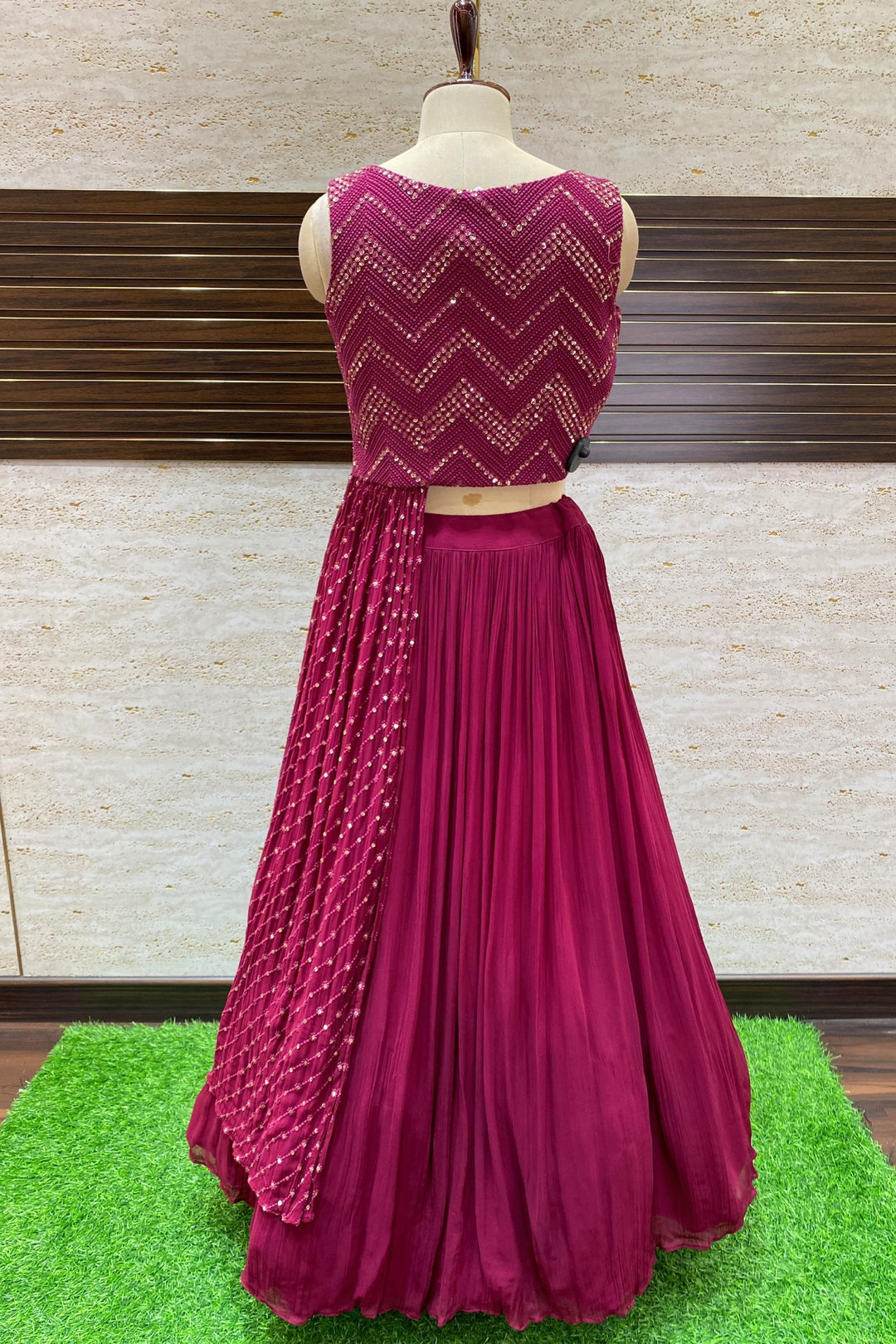 Maroon Thread, Mirror and Beads work Asymmetric Style Crop Top Lehenga - Seasons Chennai