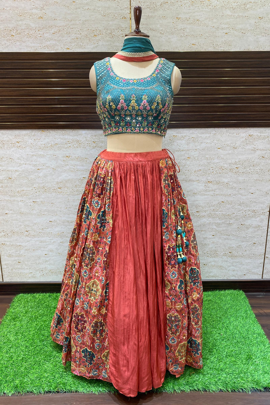 Green and Rust Thread, Beads, Sequins and Mirror work with Floral Print Crop Top Lehenga - Seasons Chennai