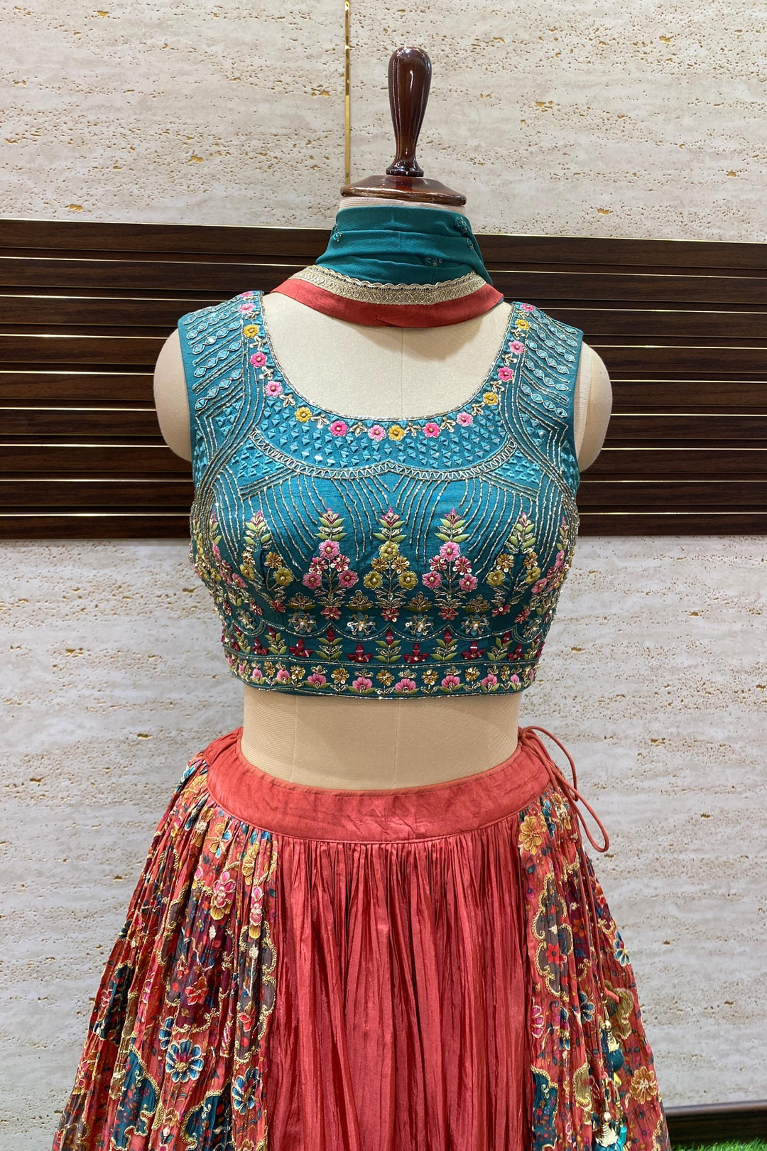 Green and Rust Thread, Beads, Sequins and Mirror work with Floral Print Crop Top Lehenga - Seasons Chennai