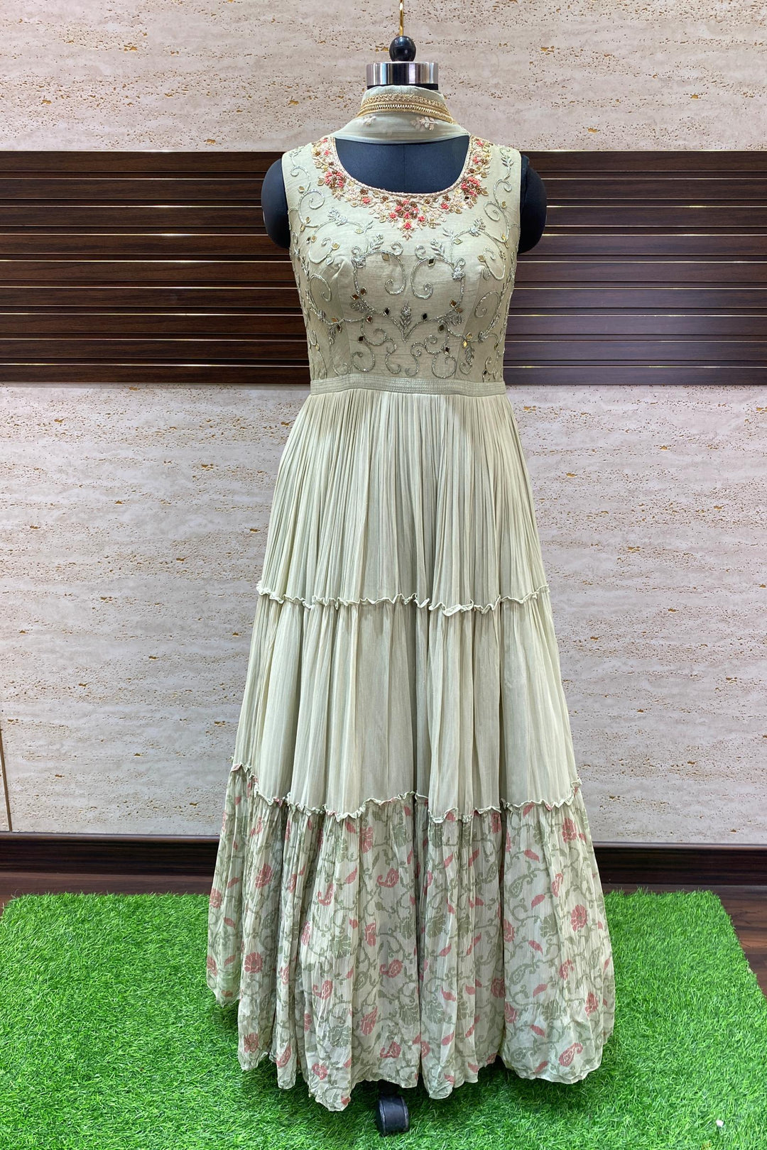 Green Beads, Mirror, Zardozi and Stone work Floor Length Anarkali Suit - Seasons Chennai
