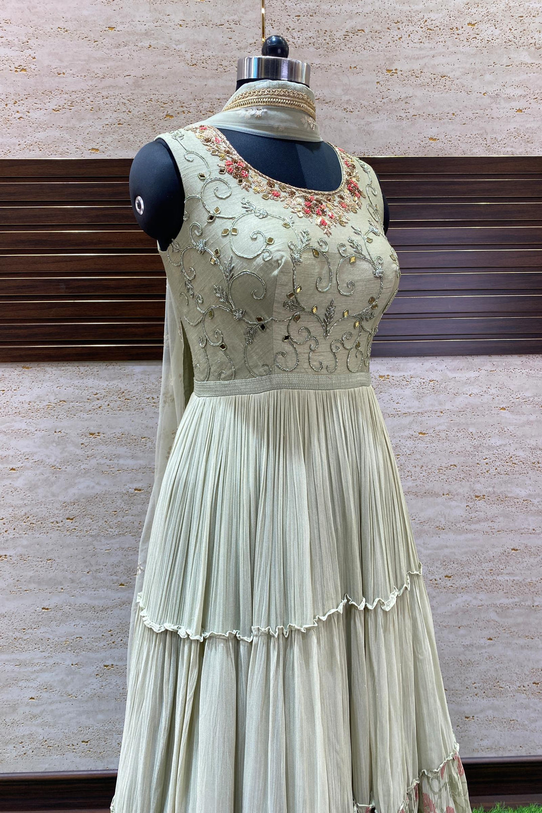 Green Beads, Mirror, Zardozi and Stone work Floor Length Anarkali Suit - Seasons Chennai