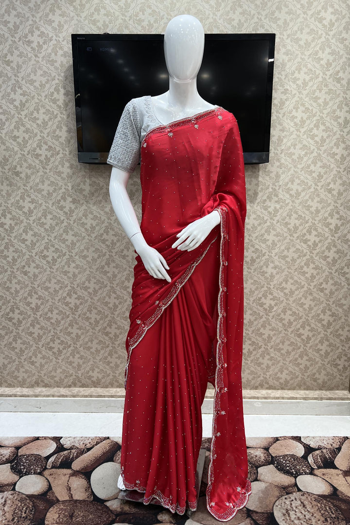 Red Stone, Sequins and Silver Zari work Saree with Matching Unstitched Designer Blouse - Seasons Chennai