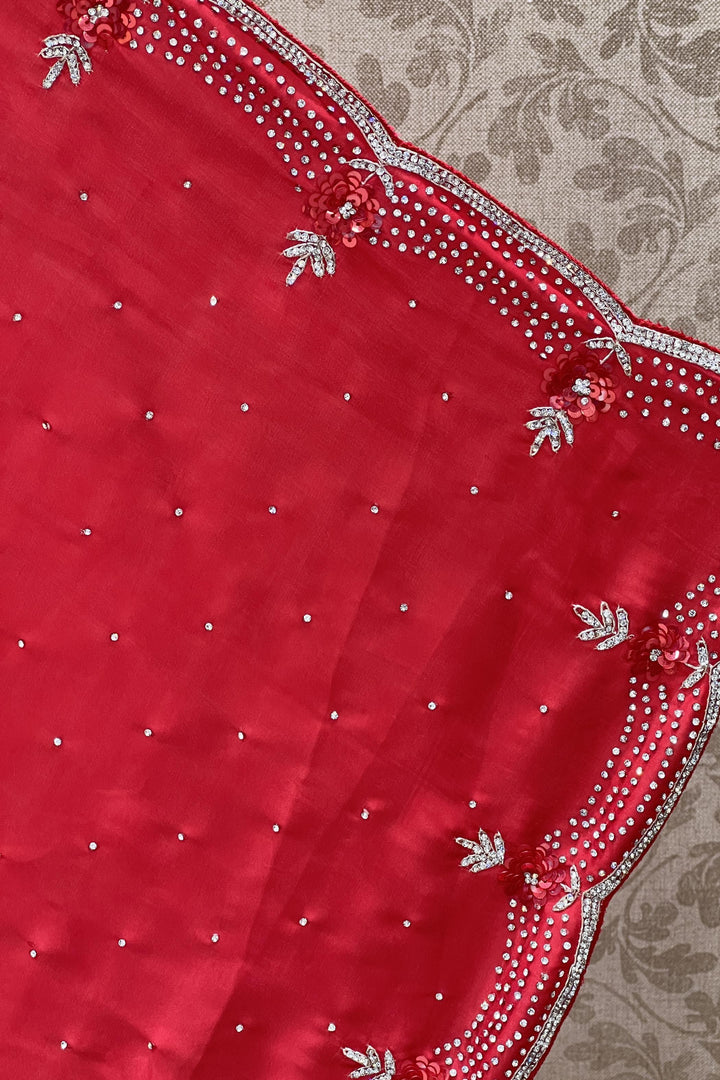 Red Stone, Sequins and Silver Zari work Saree with Matching Unstitched Designer Blouse - Seasons Chennai