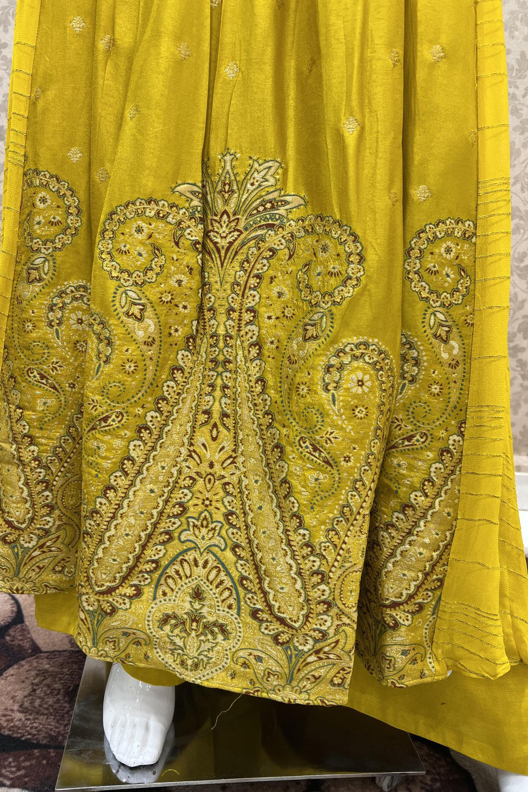Mustard Yellow Mirror, Zardozi, Thread and Print work Salwar Suit with Palazzo Pants - Seasons Chennai
