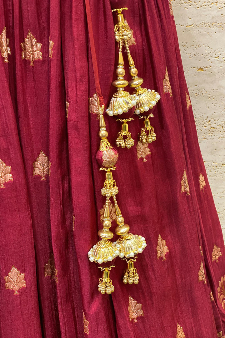 Maroon Zardozi, Beads and Stone work with Banaras Weaving Crop Top Lehenga - Seasons Chennai