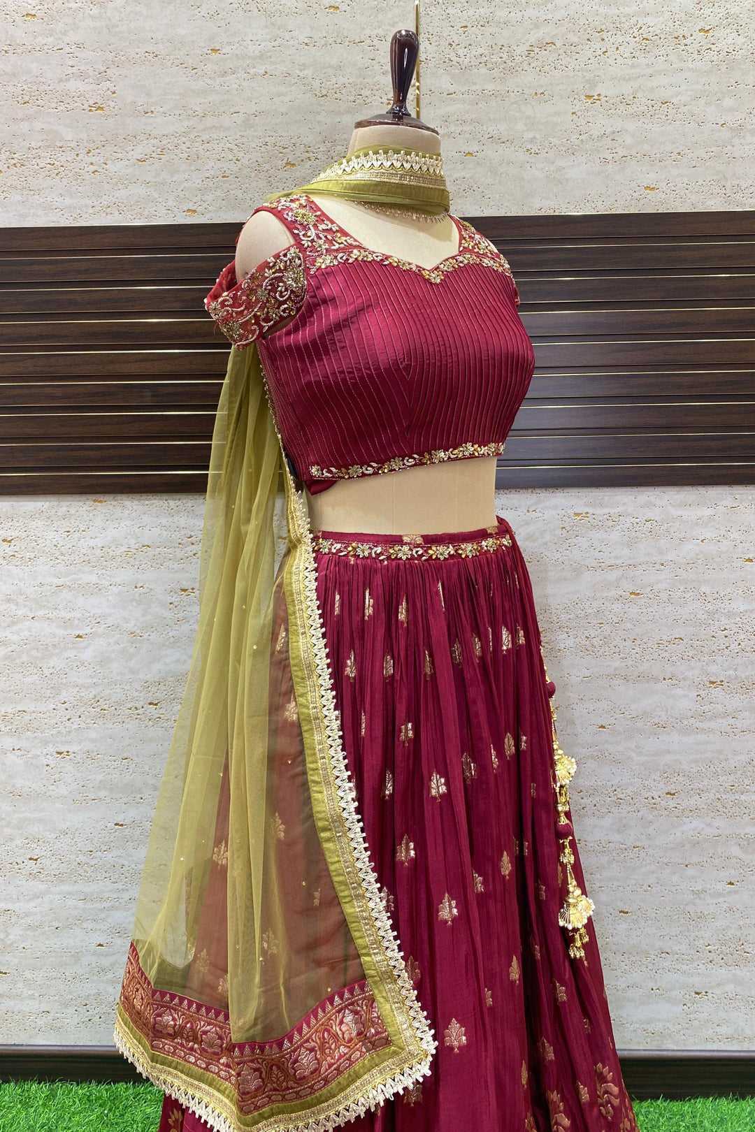 Maroon Zardozi, Beads and Stone work with Banaras Weaving Crop Top Lehenga - Seasons Chennai