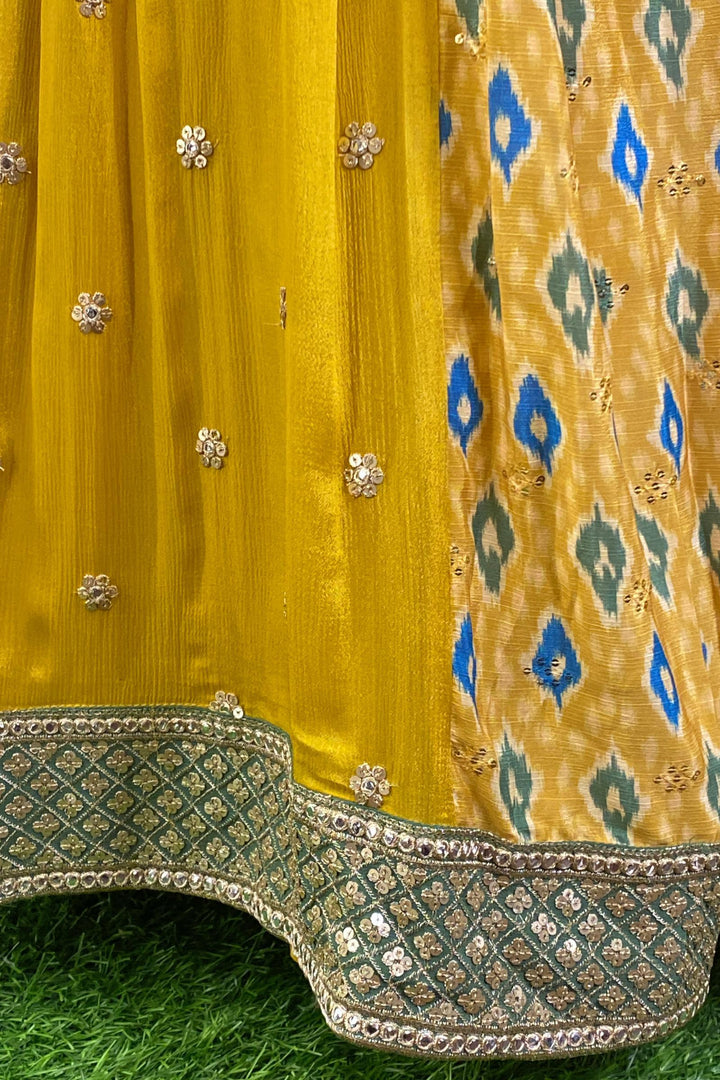 Green with Yellow Sequins and Zari work with Digital Print Crop Top Lehenga - Seasons Chennai
