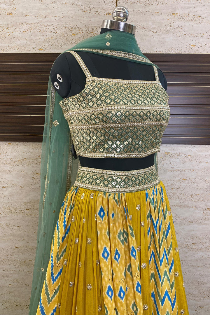 Green with Yellow Sequins and Zari work with Digital Print Crop Top Lehenga - Seasons Chennai