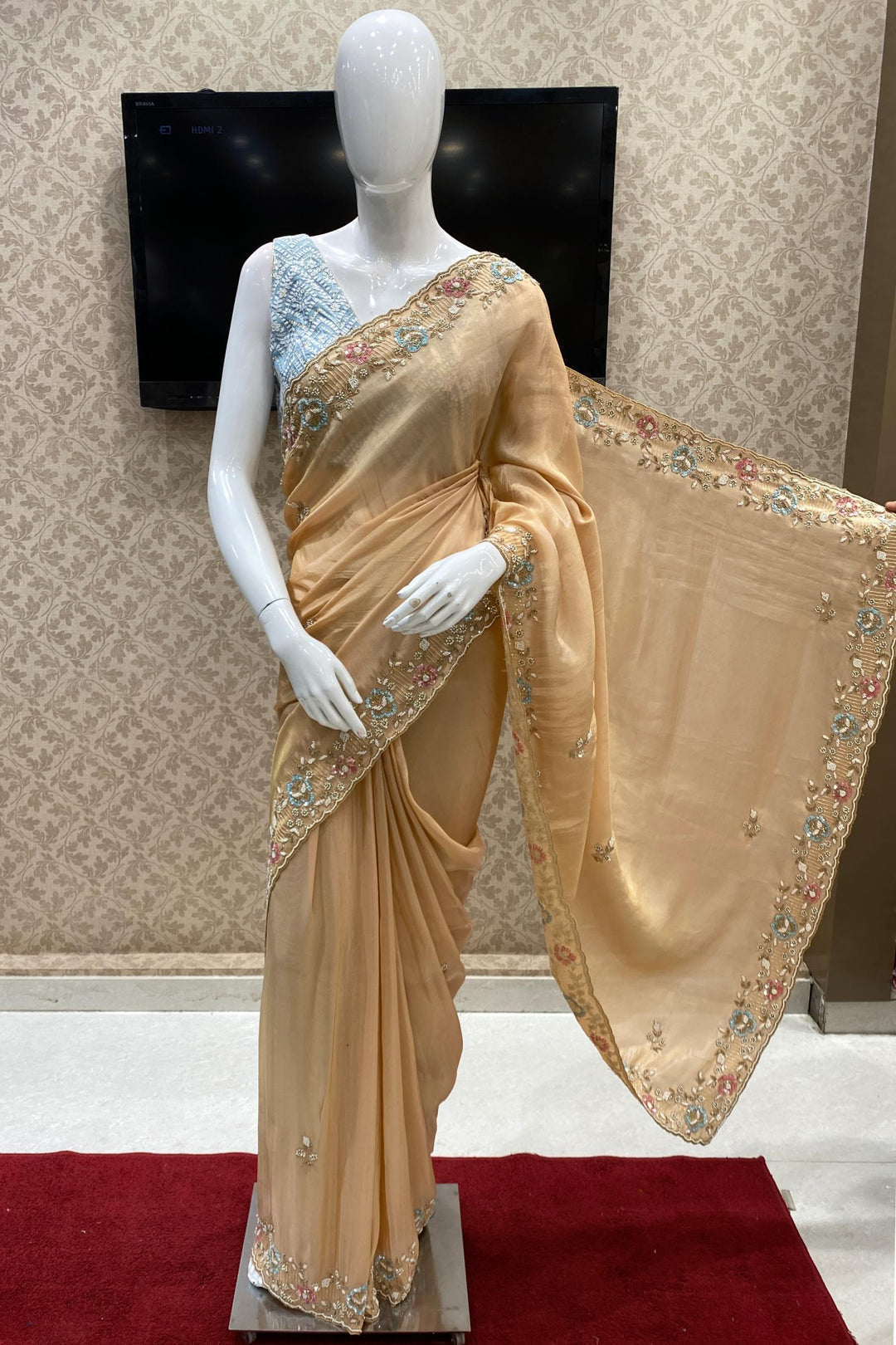 Peach Pearl, Beads and Sequins work Saree with Matching Unstitched Designer Blouse - Seasons Chennai