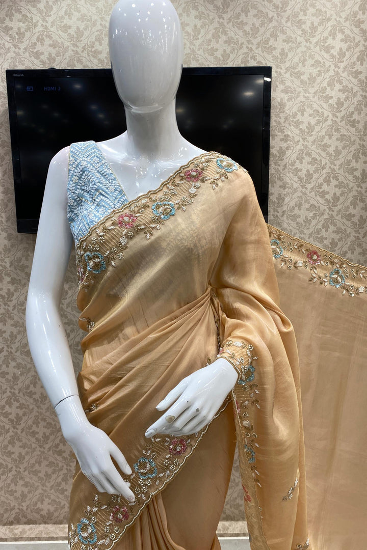 Peach Pearl, Beads and Sequins work Saree with Matching Unstitched Designer Blouse - Seasons Chennai