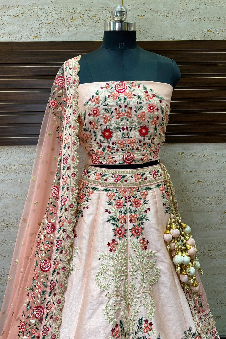 Peach Zari, Sequins and Multicolor Embroidery work Semi-Stitched Designer Bridal Lehenga - Seasons Chennai