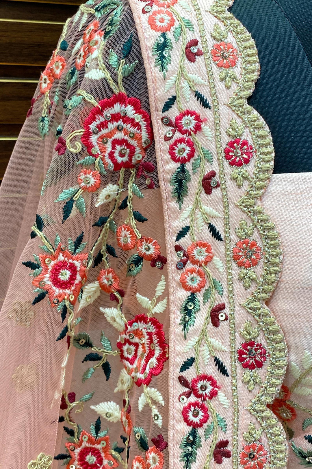 Peach Zari, Sequins and Multicolor Embroidery work Semi-Stitched Designer Bridal Lehenga - Seasons Chennai