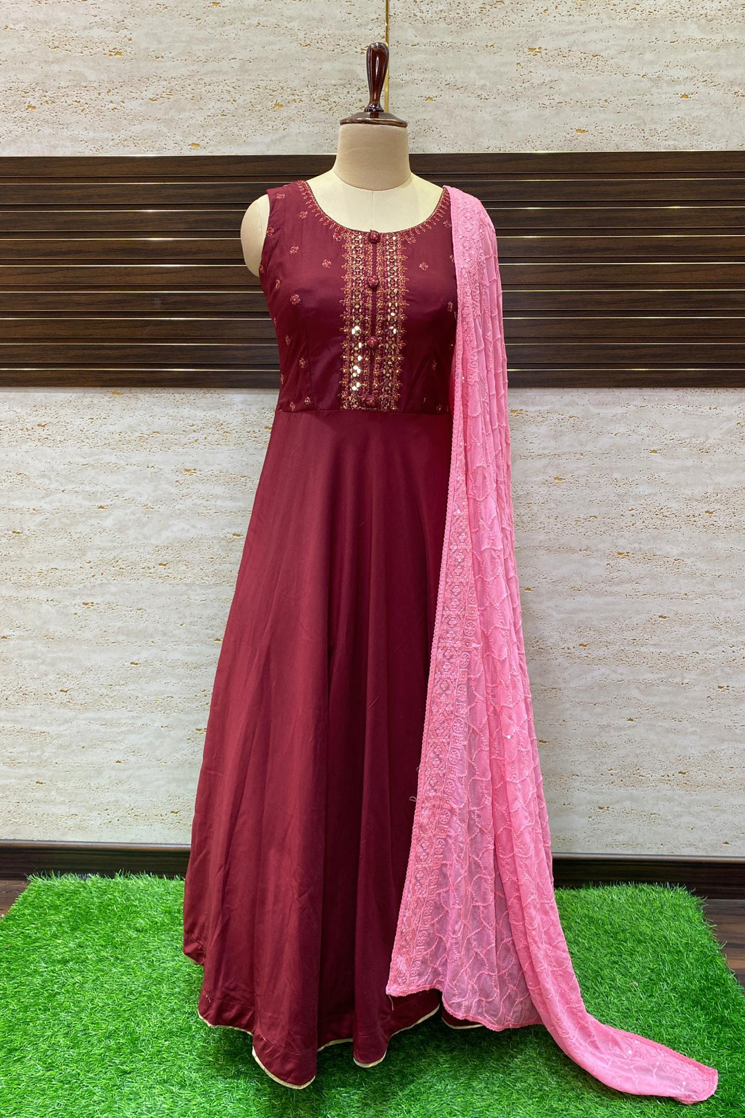Maroon Silk Cotton with Mirror and Thread work Floor Length Anarkali Suit - 1