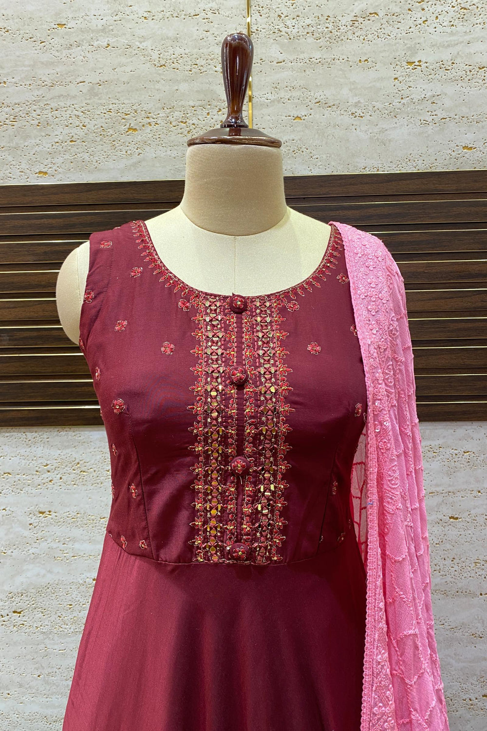 Maroon Silk Cotton with Mirror and Thread work Floor Length Anarkali Suit - 2
