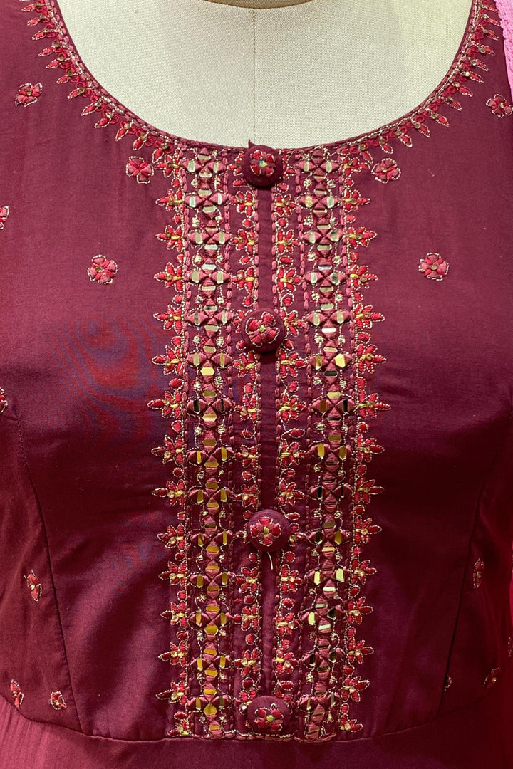 Maroon Silk Cotton with Mirror and Thread work Floor Length Anarkali Suit - 3
