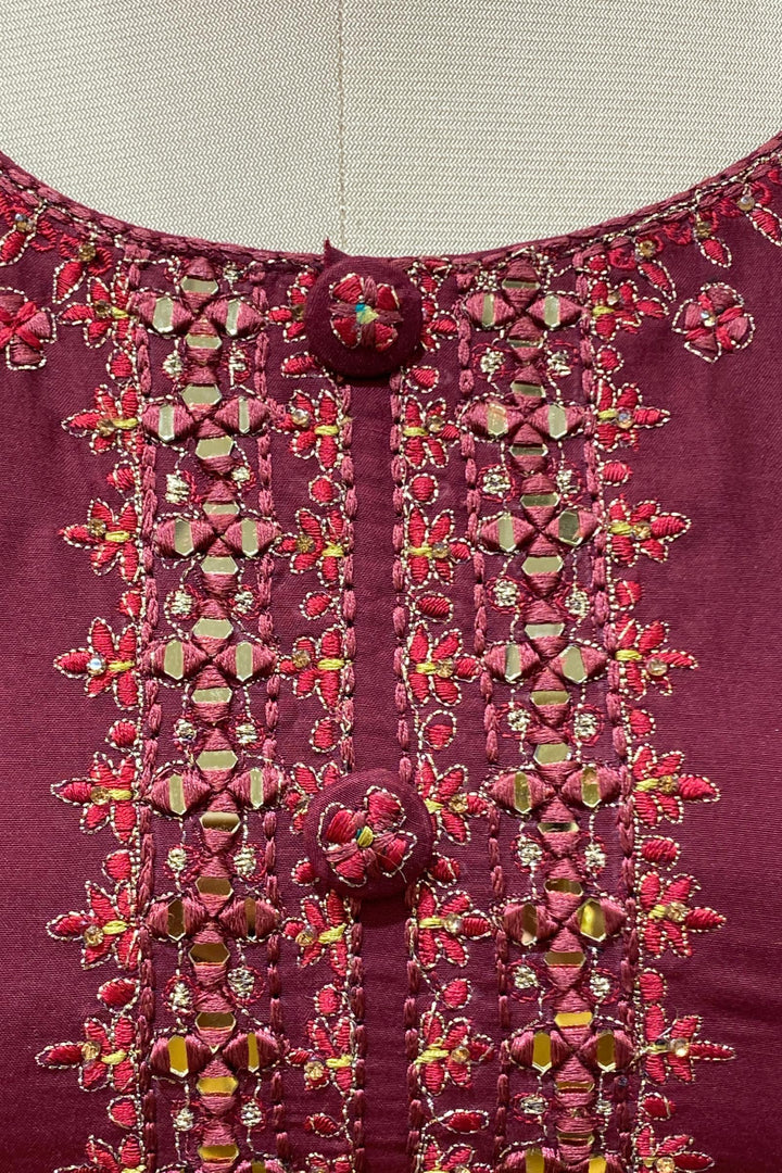 Maroon Silk Cotton with Mirror and Thread work Floor Length Anarkali Suit - 4