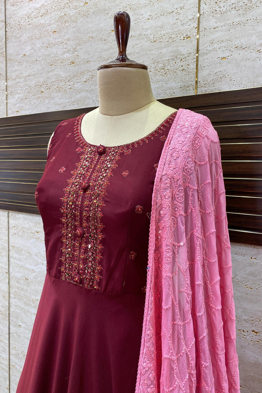 Maroon Silk Cotton with Mirror and Thread work Floor Length Anarkali Suit - 5