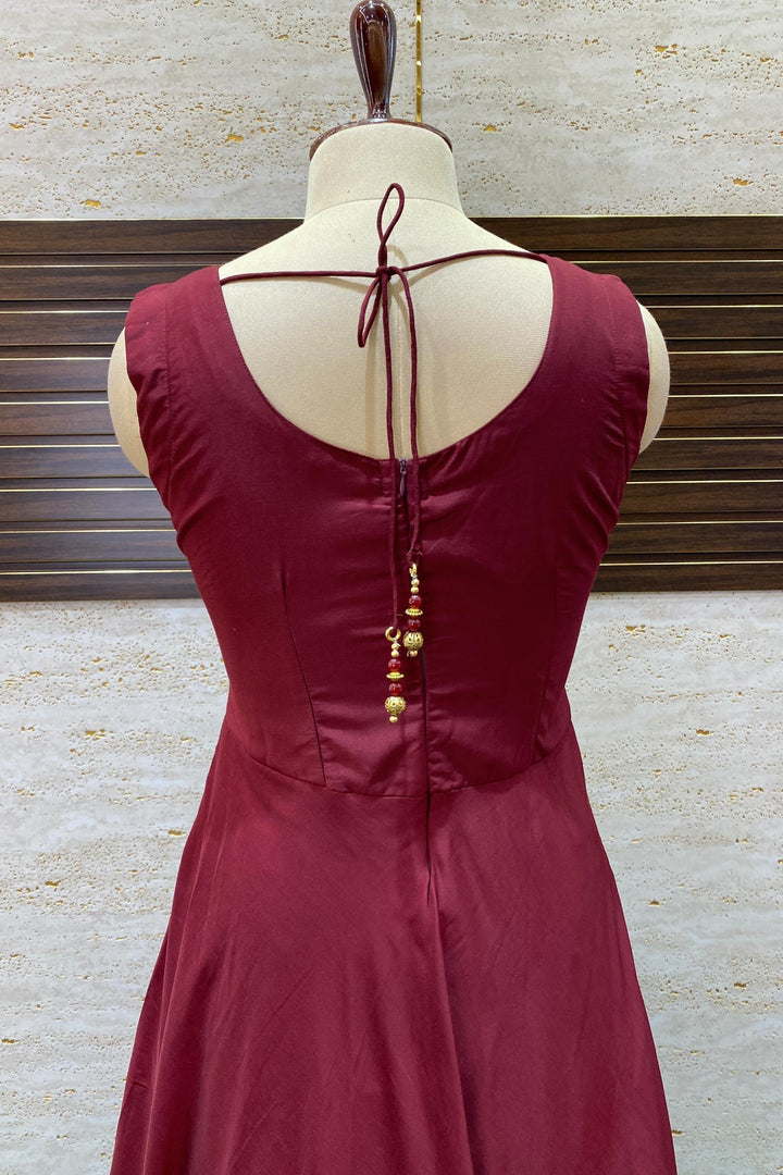 Maroon Silk Cotton with Mirror and Thread work Floor Length Anarkali Suit - 7
