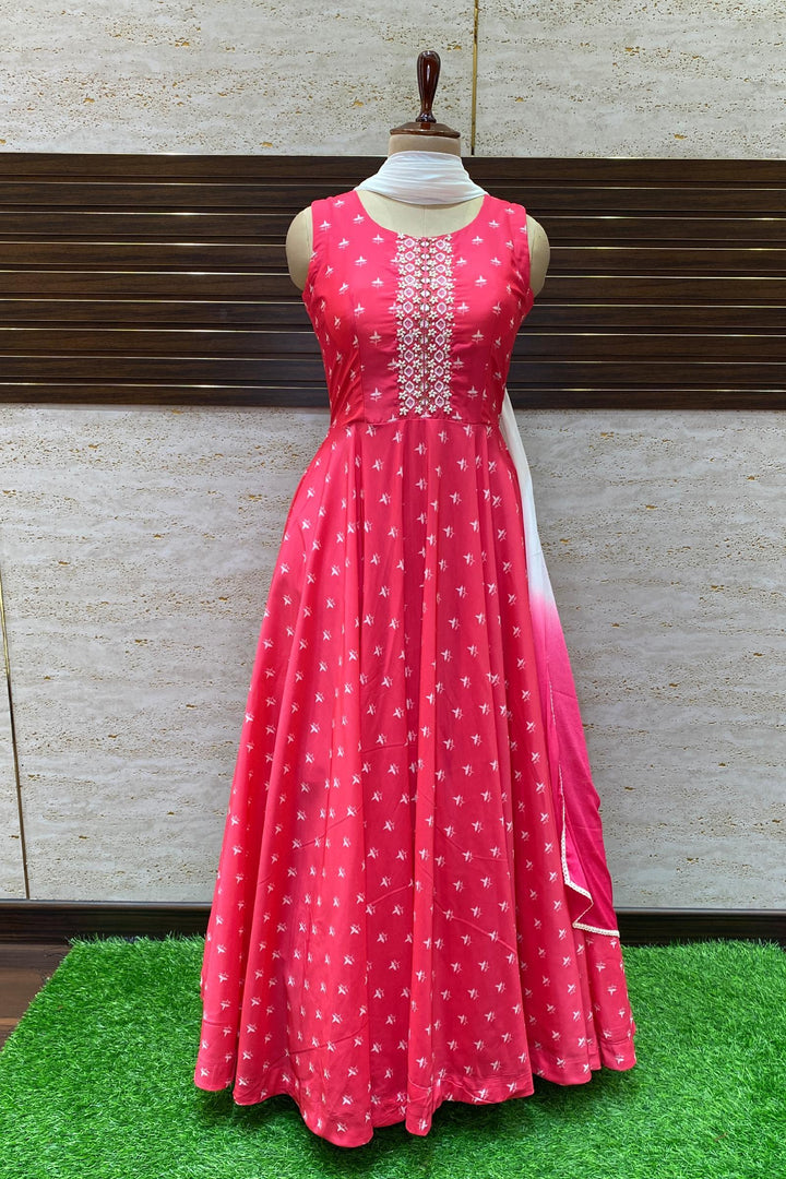 Fluorescent Pink Sequins and Stone Work with Digital Print Floor Length Anarkali Suit - 1
