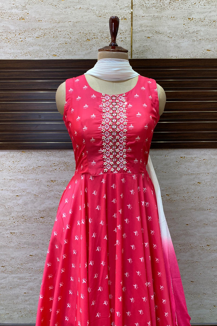 Fluorescent Pink Sequins and Stone Work with Digital Print Floor Length Anarkali Suit - 2